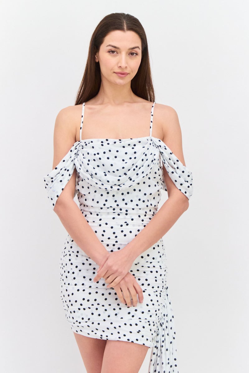 In the style Women Polka Dots Ruched Mini Casual Dress, White - Image 2