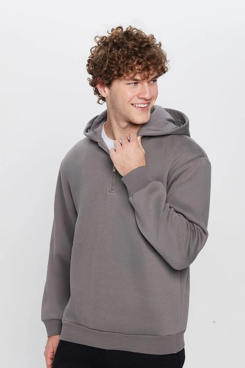 Tudors Unisex Relax Fit Comfortable Cut Cotton Fleece Lined Half Zip Gray Hooded Sweatshirt