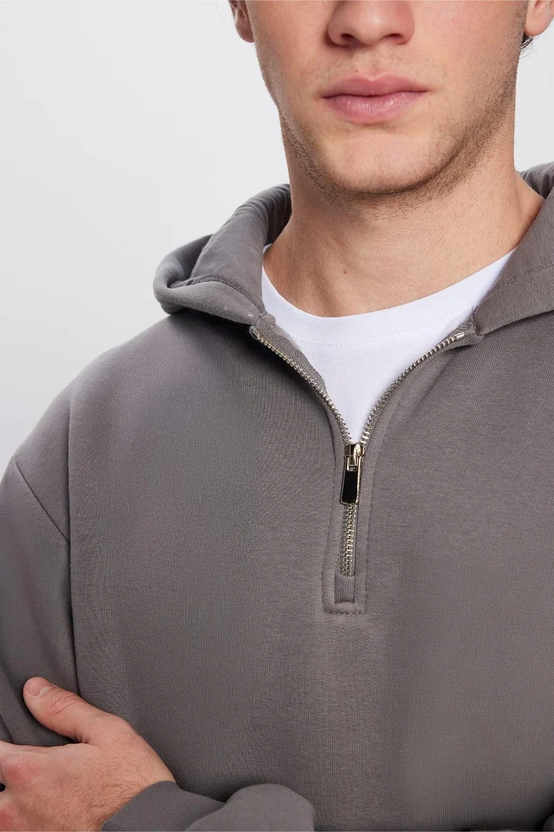 Tudors Unisex Relax Fit Comfortable Cut Cotton Fleece Lined Half Zip Gray Hooded Sweatshirt
