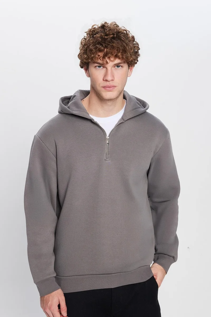Tudors Unisex Relax Fit Comfortable Cut Cotton Fleece Lined Half Zip Gray Hooded Sweatshirt