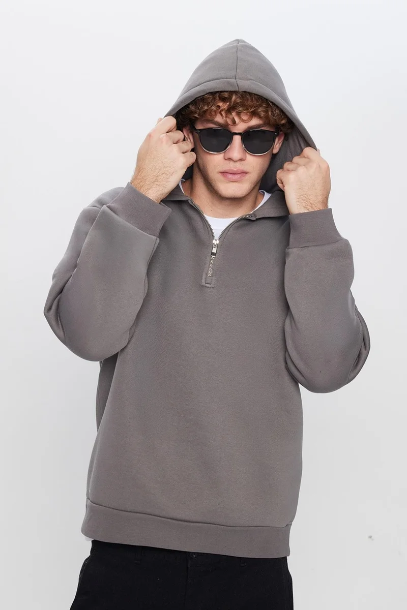 Tudors Unisex Relax Fit Comfortable Cut Cotton Fleece Lined Half Zip Gray Hooded Sweatshirt