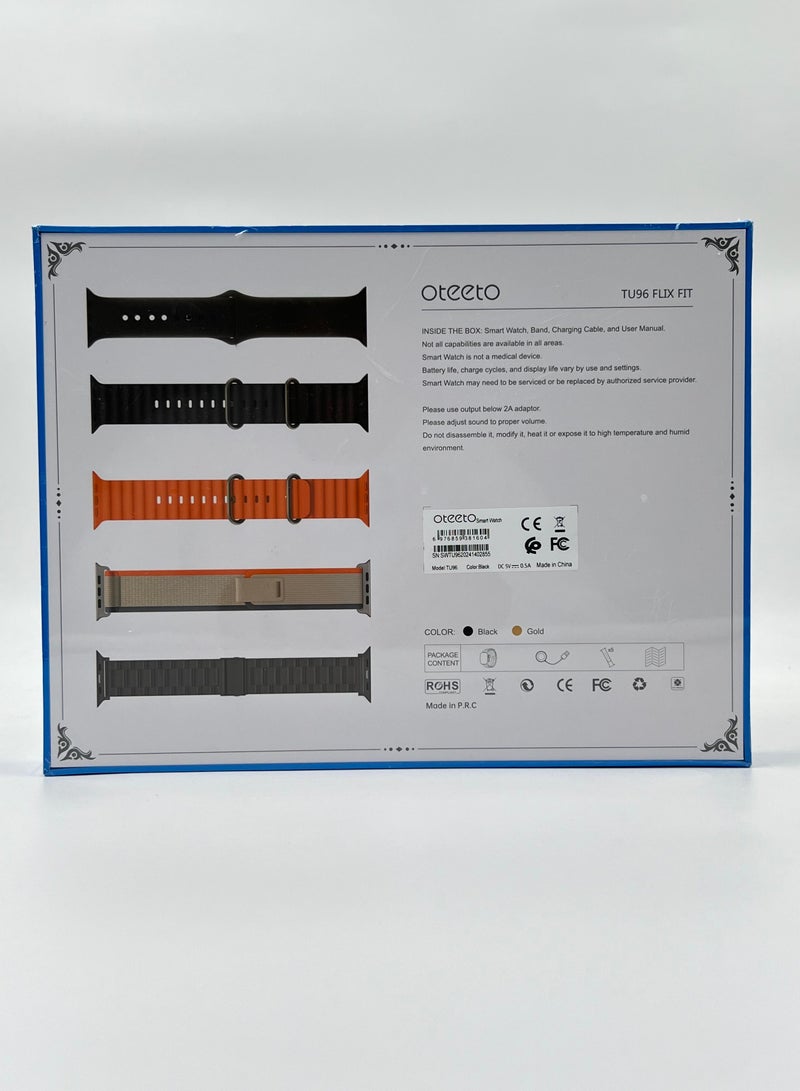 Oteeto TU96 Flix Fit Smart Watch With 5 Pair Straps and Wireless Charger For Ladies and Gents - Image 4