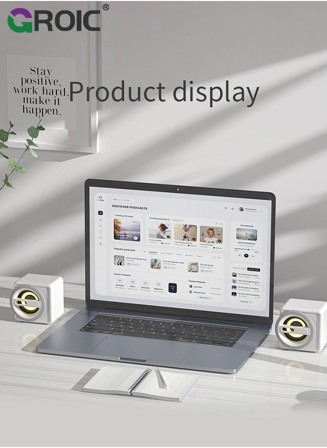 GROIC - White Computer Speakers, HiFi Sound Quality Computer Sound Bar, USB Powered PC Speakers with Breathing Atmosphere Light Two Sets, Bluetooth 5.0 Computer Speakers for Desktop, Laptops, PCs - Image 1
