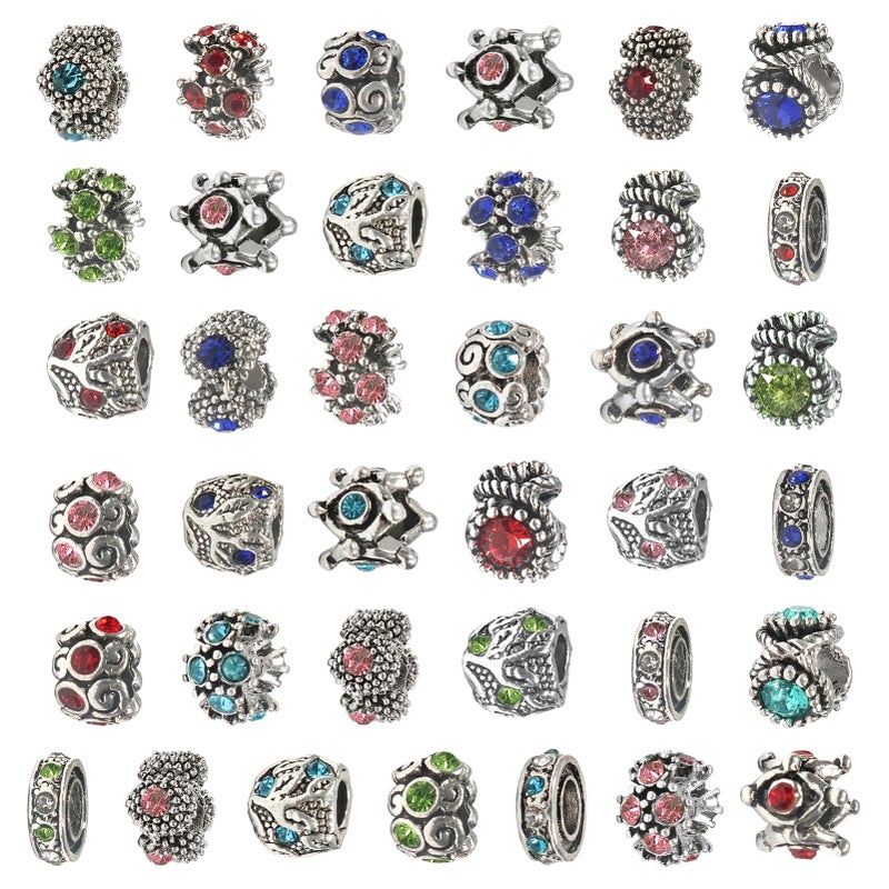 TOAOB THE ONE AND ONLY BABY TOAOB 30pcs Assorted Antique Silver Rhinestone European Lampwork Charms Beads Large Hole Spacer Beads Charms Supplies for Bracelet Necklace Jewelry Making - Image 1