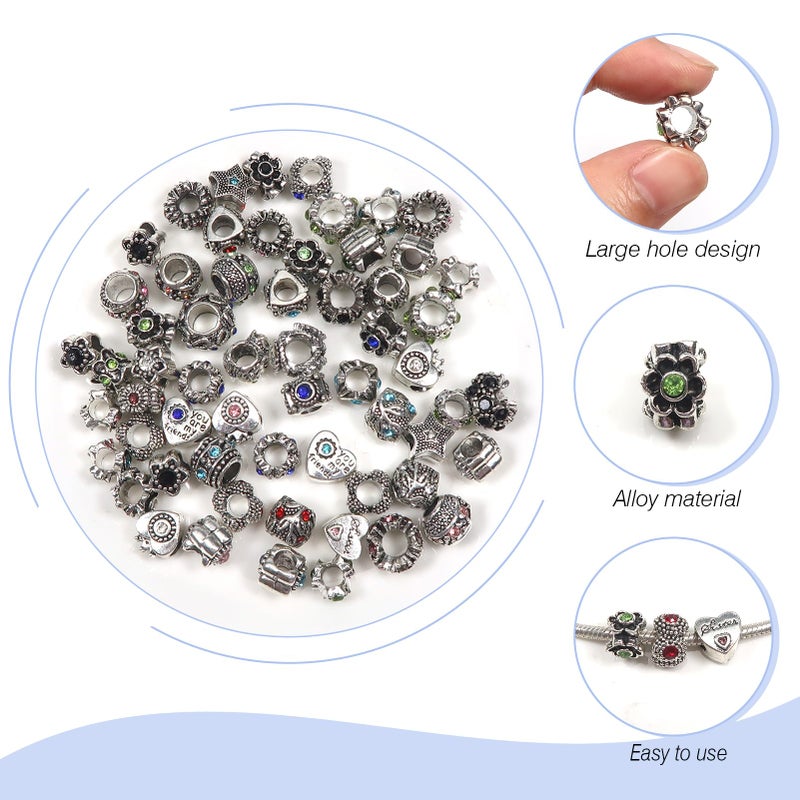 TOAOB THE ONE AND ONLY BABY TOAOB 30pcs Assorted Antique Silver Rhinestone European Lampwork Charms Beads Large Hole Spacer Beads Charms Supplies for Bracelet Necklace Jewelry Making - Image 4