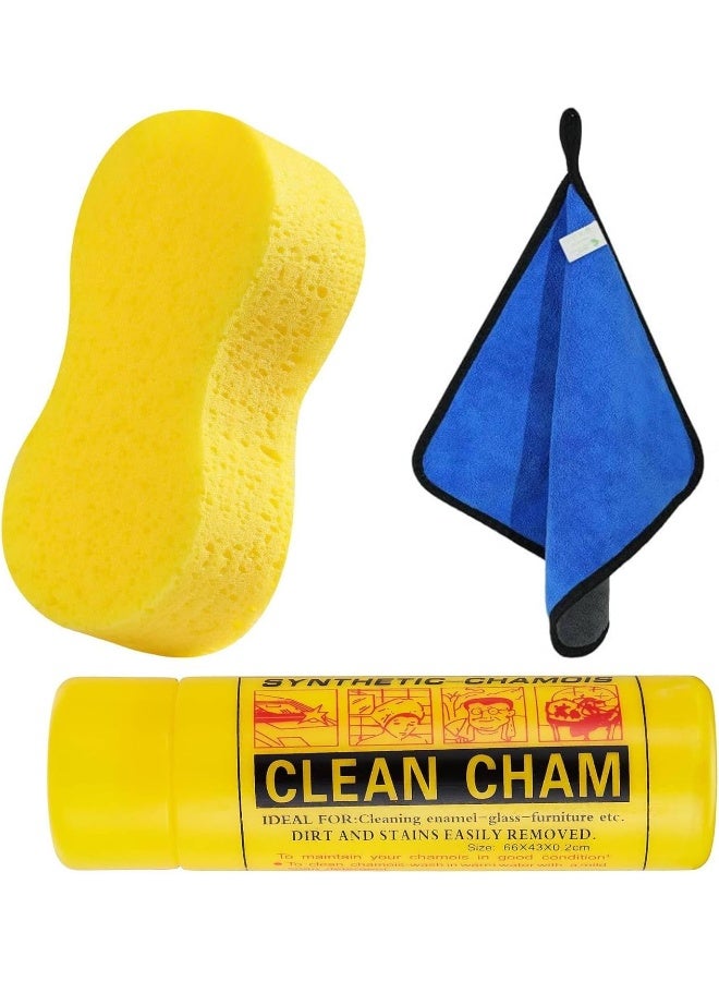 MOMENT 3Pcs Car Wash Cleaning Tools Kit Car Wash Detailing Kit, Microfiber Car Drying Towel/Car Pop Up Sponge/Chamois Drying Cloth - Image 1