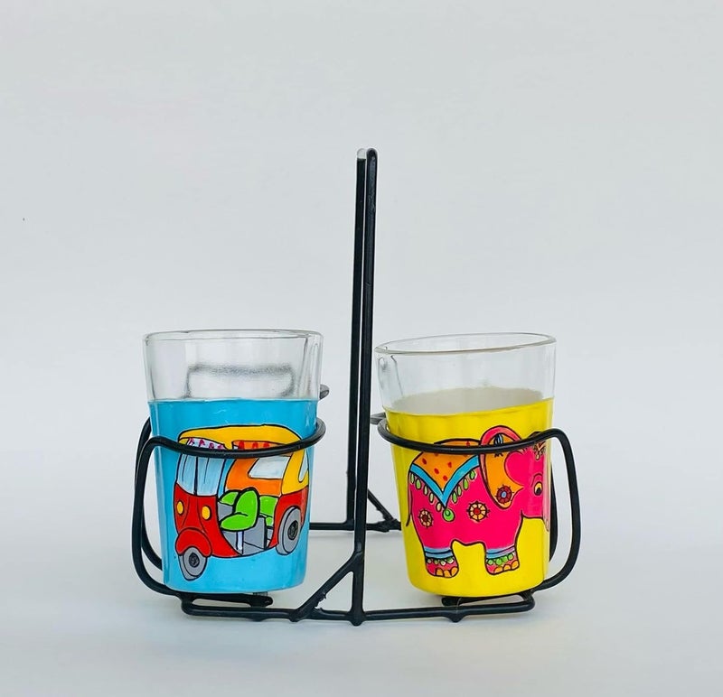 A Krazy Mug Multicolor Elephant and Autorickshaw Hand Painted Traditional Tapri Tea Coffee Glasses with Iron Container Stand Holder Set of 2 90ml - Image 2