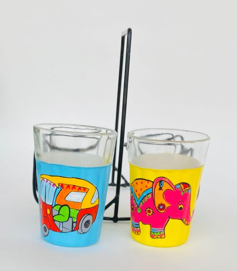 A Krazy Mug Multicolor Elephant and Autorickshaw Hand Painted Traditional Tapri Tea Coffee Glasses with Iron Container Stand Holder Set of 2 90ml - Image 4