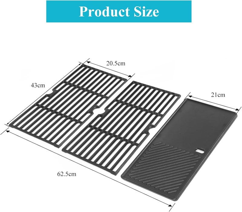 GRISUN Grill Grates and Grill Plate for Charbroil Advantage 463343015, 463344015, 463344116, Kenmore, Broil King and Others Gas Grill Models, 43cm Cast Iron Cooking Grates for G467-0002-W1 - Image 2