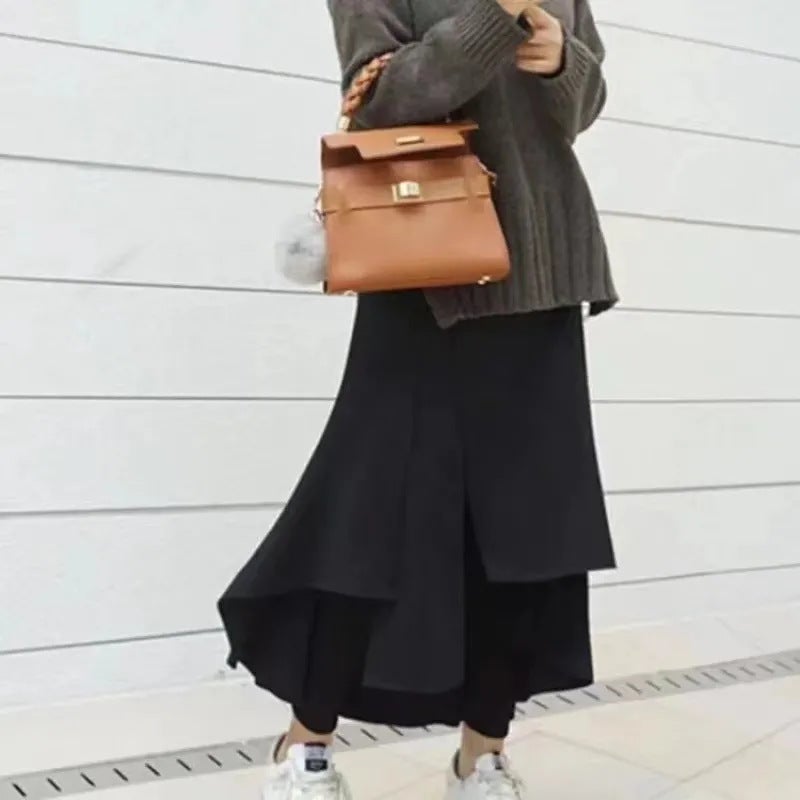 European and American style irregular culottes womens new fake two-piece plus size skirt niche design multi-layer one-piece culottes fashion Black [not fleece-lined]]
