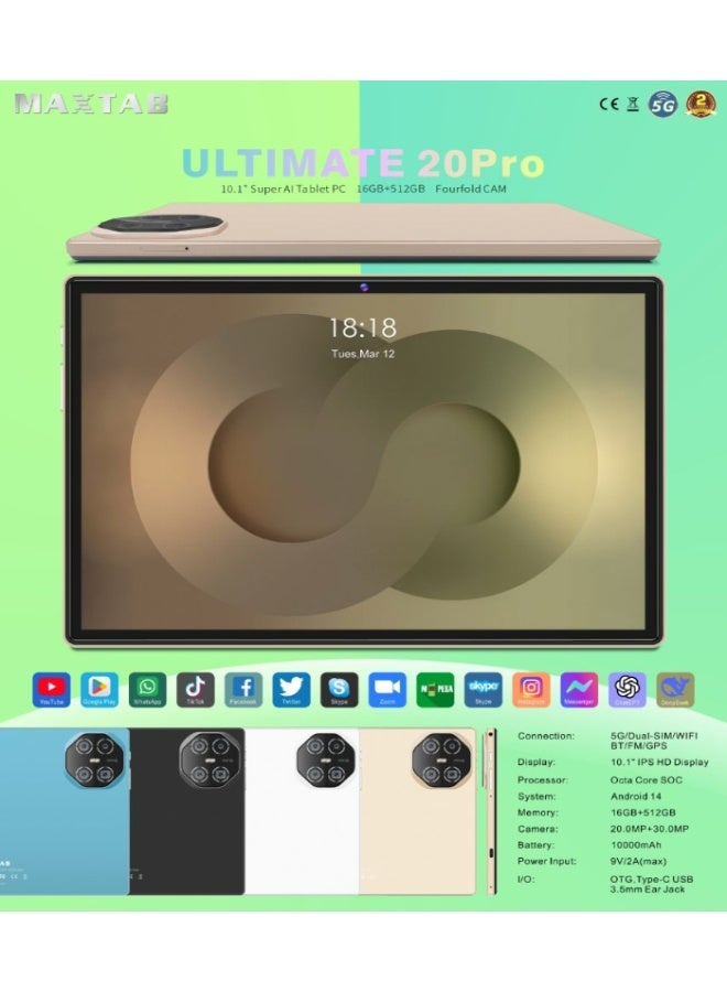 Max The MAXTAB Ultimate 20 Pro tablet boasts a stunning 10.1-inch multi-color display.