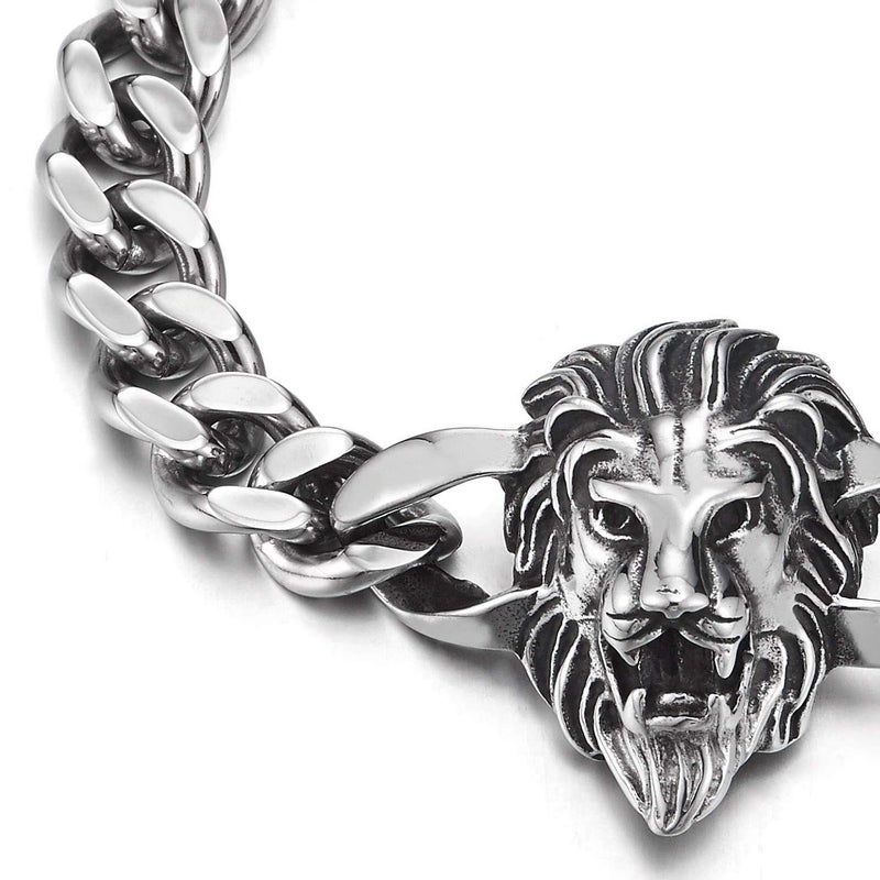 COOLSTEELANDBEYOND Heavy and Study Mens Biker Stainless Steel Lion Head Curb Chain Bracelet, Polished, Punk Rock - Image 2