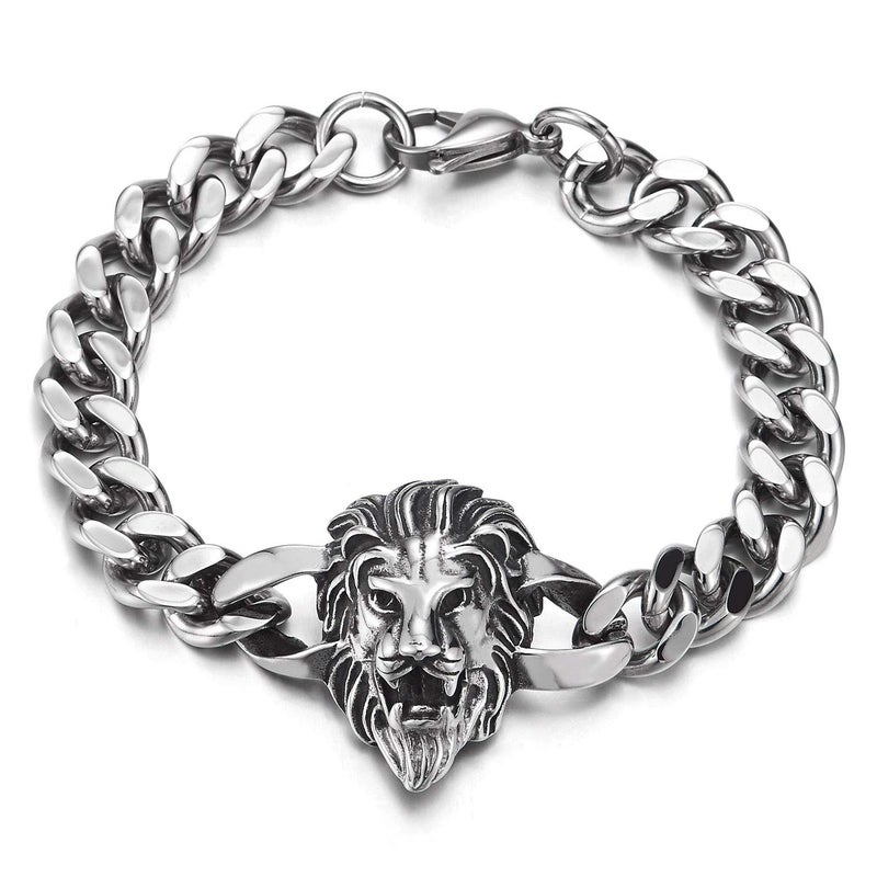 COOLSTEELANDBEYOND Heavy and Study Mens Biker Stainless Steel Lion Head Curb Chain Bracelet, Polished, Punk Rock - Image 1