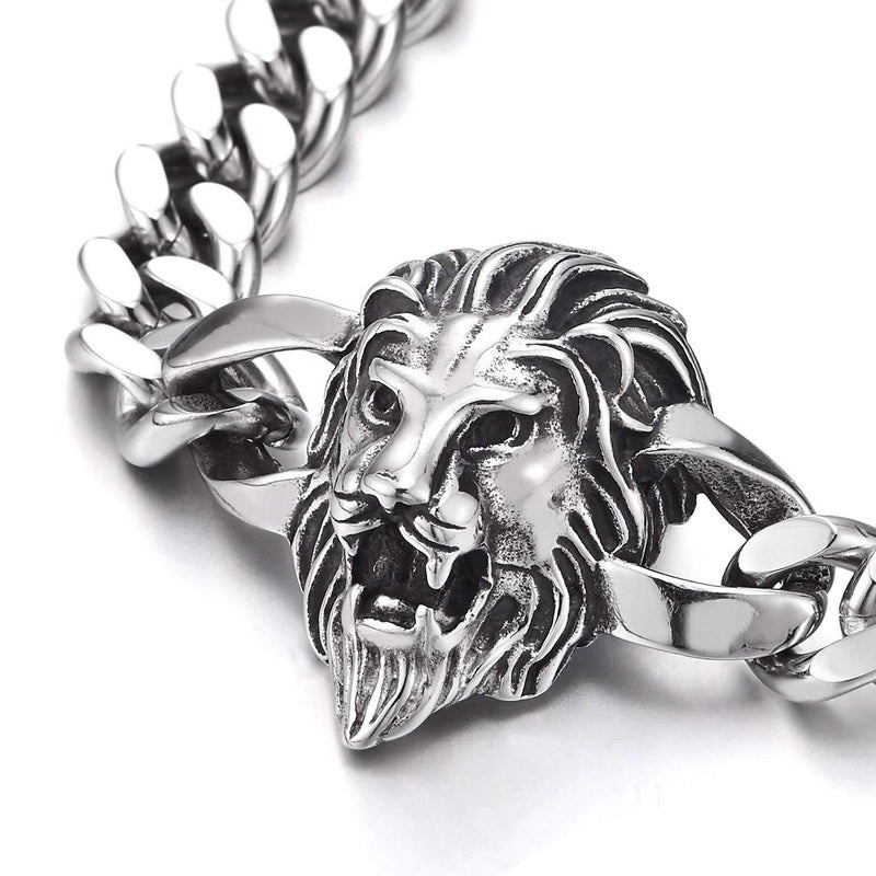 COOLSTEELANDBEYOND Heavy and Study Mens Biker Stainless Steel Lion Head Curb Chain Bracelet, Polished, Punk Rock - Image 4