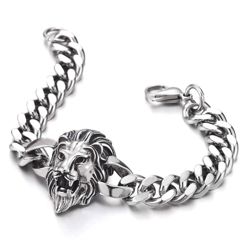 COOLSTEELANDBEYOND Heavy and Study Mens Biker Stainless Steel Lion Head Curb Chain Bracelet, Polished, Punk Rock - Image 3