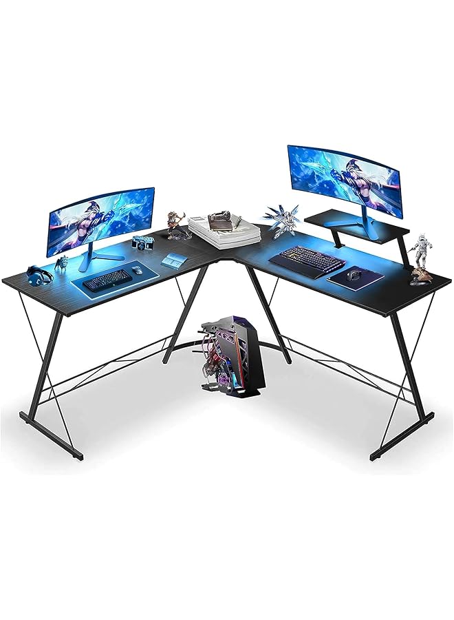 SKY-TOUCH L Shaped Gaming Desk Home Office Desk With Round Corner And Shelf Computer Desk With Large Monitor Stand Desk Sturdy Writing Workstation Gaming Desk With Shelf Black 50.8*50.8*28，Inch - Image 1