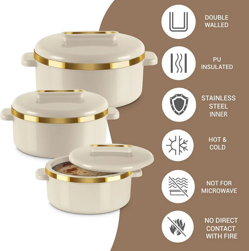 Milton Milton Curve Jr. Inner Stainless Steel Casserole Set of 3 (450 ml, 840 ml, 1300 ml), Ivory | BPA Free | Food Grade | Easy to Carry | Easy to Store | Chapati | Roti | Curd Maker Ivory Set of 3