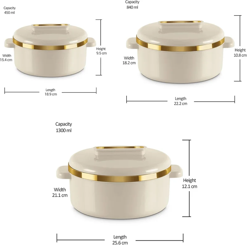 Milton Milton Curve Jr. Inner Stainless Steel Casserole Set of 3 (450 ml, 840 ml, 1300 ml), Ivory | BPA Free | Food Grade | Easy to Carry | Easy to Store | Chapati | Roti | Curd Maker Ivory Set of 3