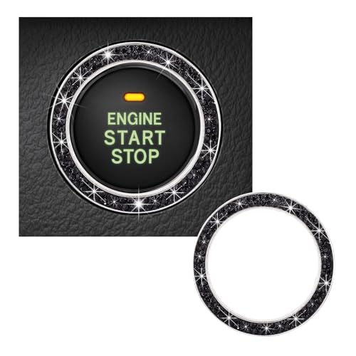 Kewucn Bling Crystal Double Rhinestone Car Engine Start Decoration Ring Sparkling Push Start Button Sticker Key Ignition Knob Ring Decoration Bling Car Interior Accessory Black - Image 1