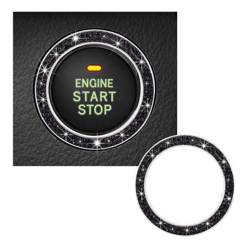 Kewucn Bling Crystal Double Rhinestone Car Engine Start Decoration Ring Sparkling Push Start Button Sticker Key Ignition Knob Ring Decoration Bling Car Interior Accessory Black - Image 3