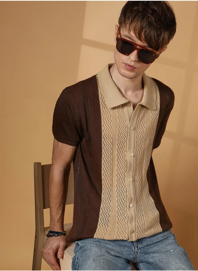 Campus Sutra Men's Buff Beige & Taupe Brown Block-Knit Slim-Fit Shirt