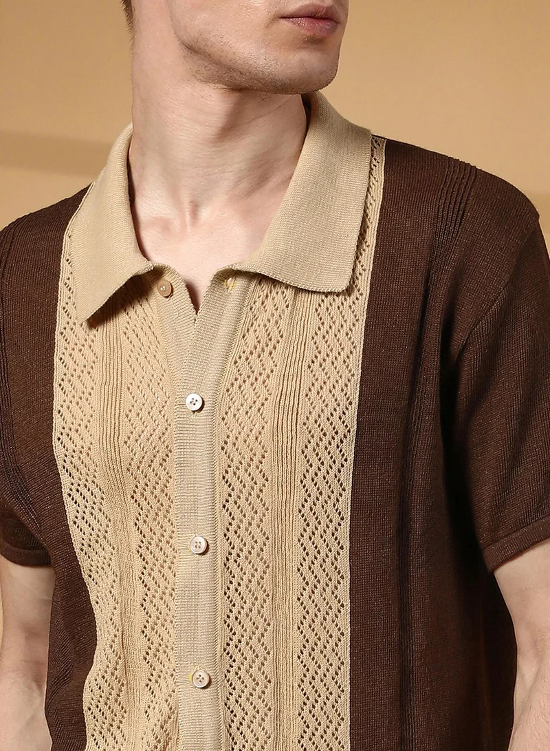 Campus Sutra Men's Buff Beige & Taupe Brown Block-Knit Slim-Fit Shirt