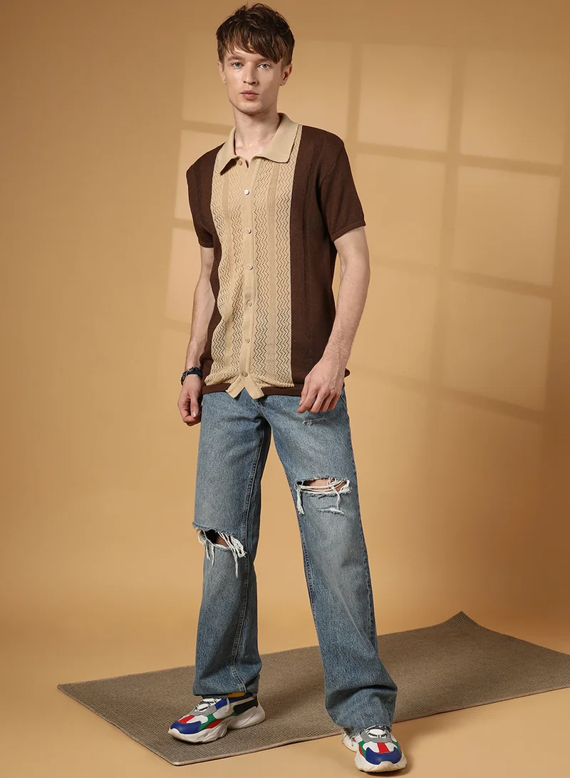 Campus Sutra Men's Buff Beige & Taupe Brown Block-Knit Slim-Fit Shirt