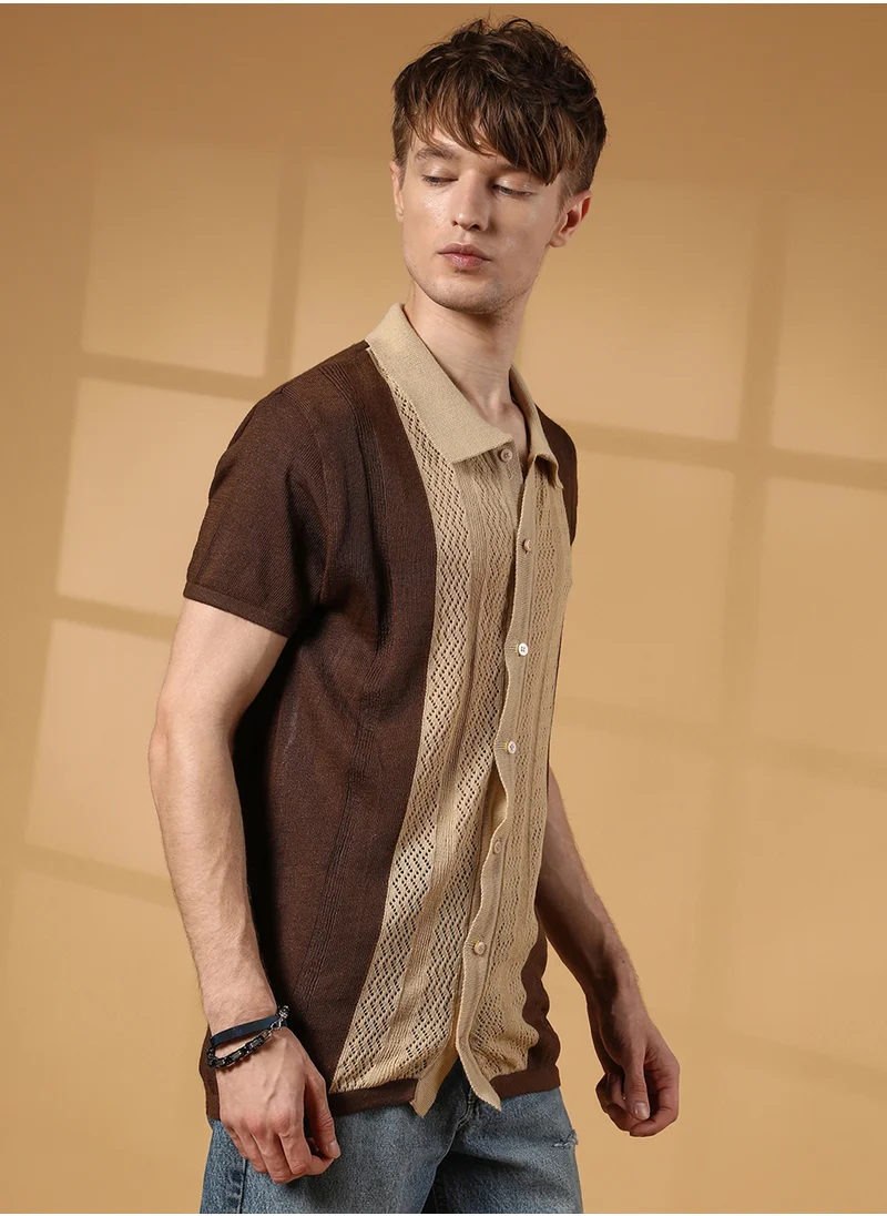 Campus Sutra Men's Buff Beige & Taupe Brown Block-Knit Slim-Fit Shirt