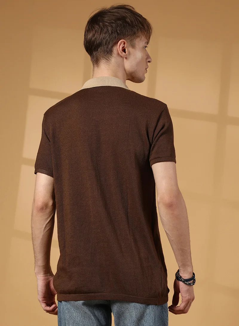 Campus Sutra Men's Buff Beige & Taupe Brown Block-Knit Slim-Fit Shirt