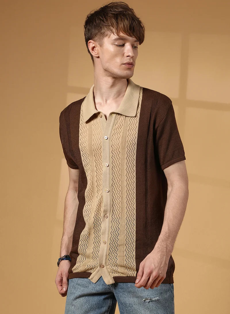 Campus Sutra Men's Buff Beige & Taupe Brown Block-Knit Slim-Fit Shirt