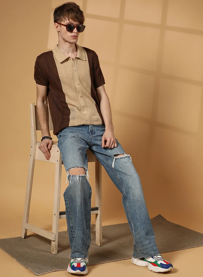 Campus Sutra Men's Buff Beige & Taupe Brown Block-Knit Slim-Fit Shirt