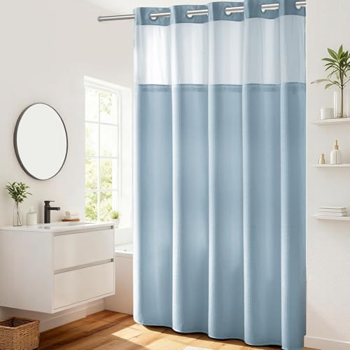 River Dream Heavyweight No Hooks Required Dotted Waffle Weave Shower Curtain with Snap in Liner -Extra Long 71W x 86H,Hotel Grade,Spa Like Bath Curtain,Blue - Image 1