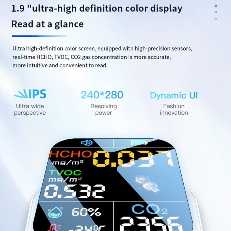 Household 1.9inch 240*280 Resolution Color Display Air Quality Detector High Sensitive Semiconductor Sensors 5in1 HCHO TVOC CO2 Temperature Humidity Tester Type-C Interface - Image 5