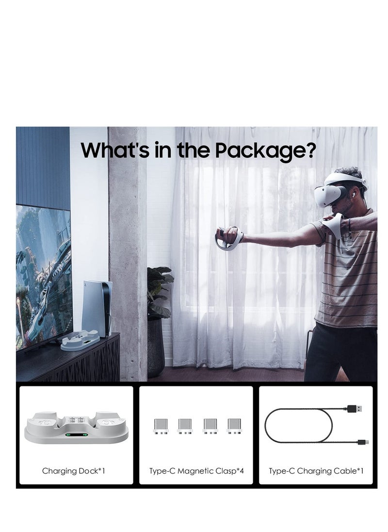 Charging Station for Playstation VR2 Controller, Charging Dock Compatible with PS VR2 Controller LED Light Desk Charger Stand with Accessories 4 Type-C Magnetic Clasp and Type-C Cable (White)