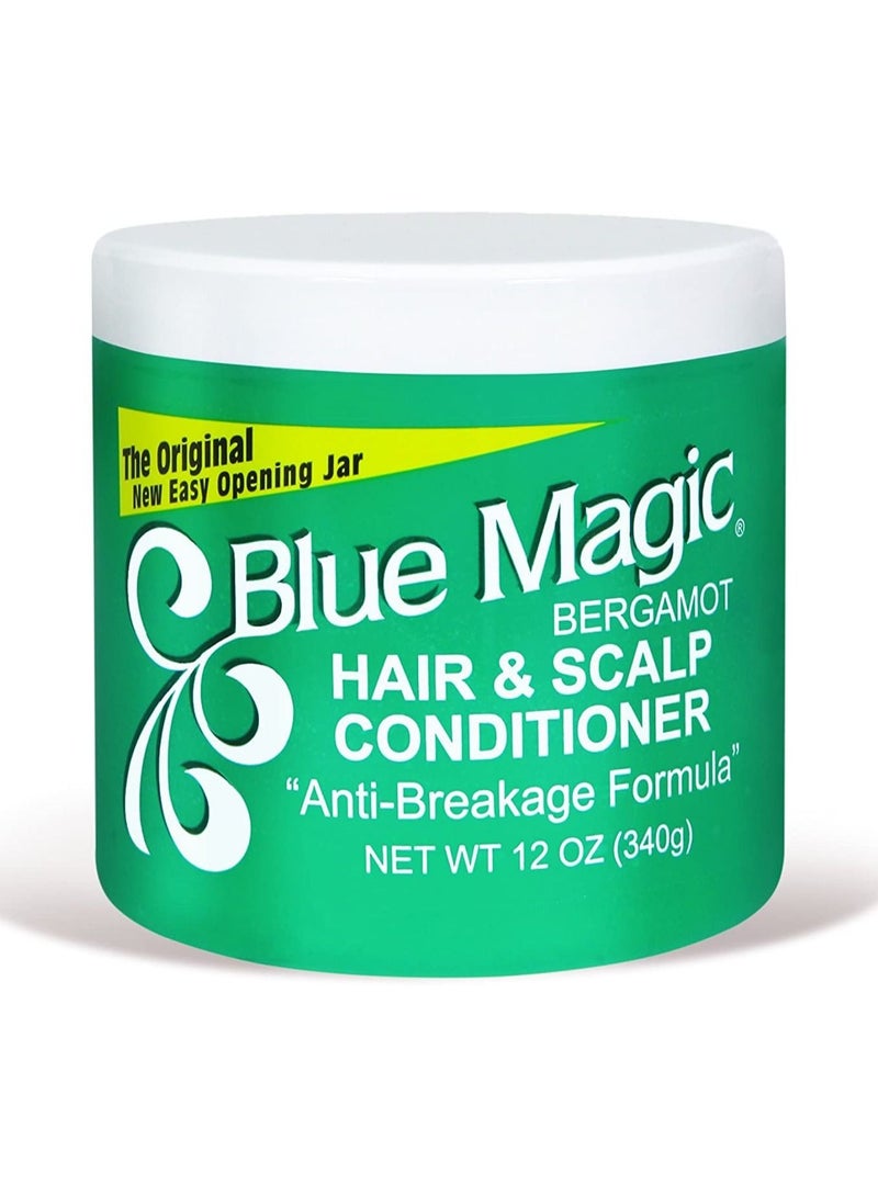 BLUE MAGIC Hair and scalp conditioner used by thoroughly working it into the hair and scalp with finger tips