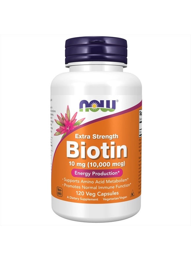 now مكملات، بيوتين 10 ملغ (10,000 ميكروغرام)، قوة إضافية، إنتاج الطاقة*، 120 كبسولة نباتية - Image 1