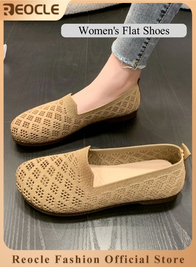 REOCLE Women's Knitting Flat Shoes Comfort Loafers Casual Slip on Shoes Breathable Mesh Shoes Round Toe Walking Shoes Soft Lightweight Shoes for Walking & Shopping & Traveling