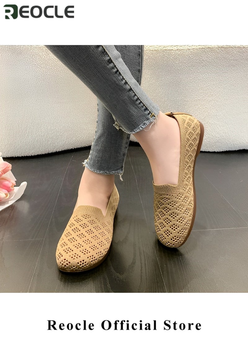 REOCLE Women's Knitting Flat Shoes Comfort Loafers Casual Slip on Shoes Breathable Mesh Shoes Round Toe Walking Shoes Soft Lightweight Shoes for Walking & Shopping & Traveling - Image 3