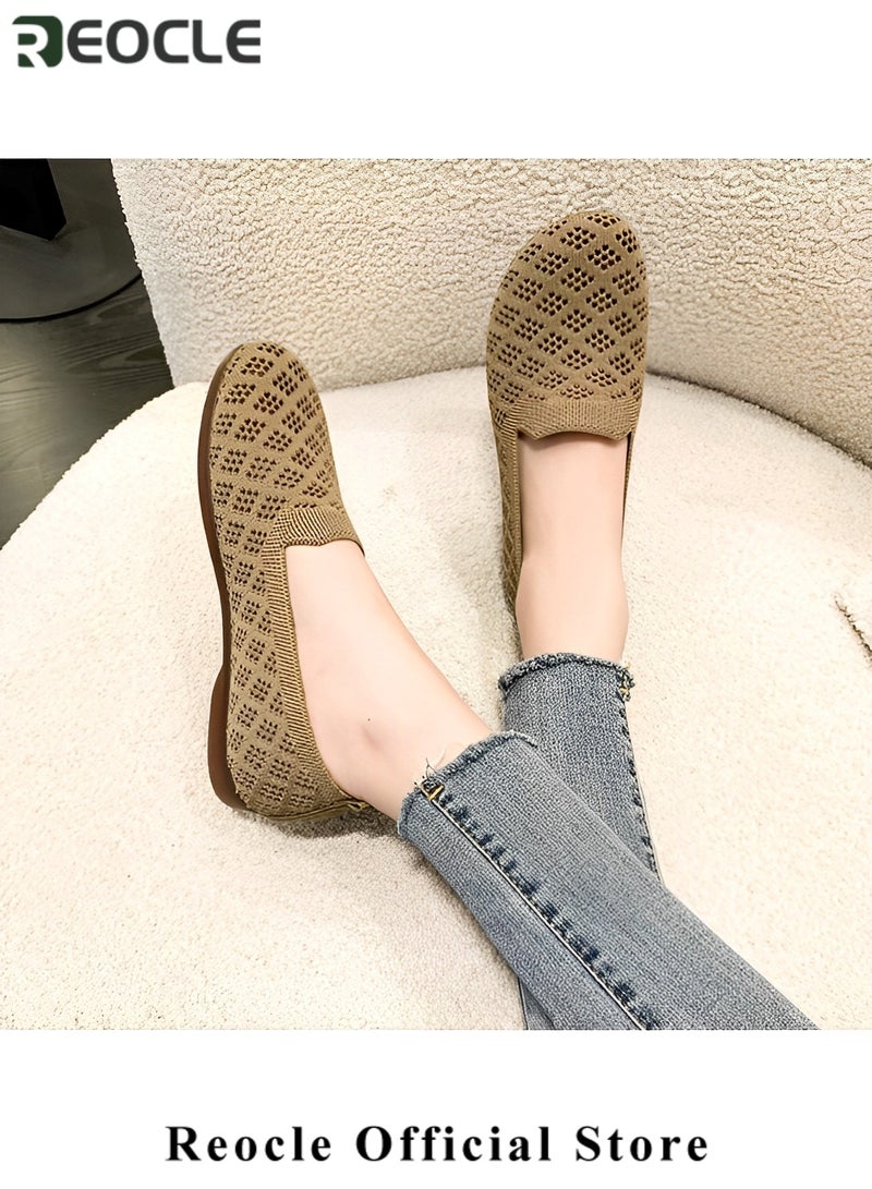 REOCLE Women's Knitting Flat Shoes Comfort Loafers Casual Slip on Shoes Breathable Mesh Shoes Round Toe Walking Shoes Soft Lightweight Shoes for Walking & Shopping & Traveling - Image 2