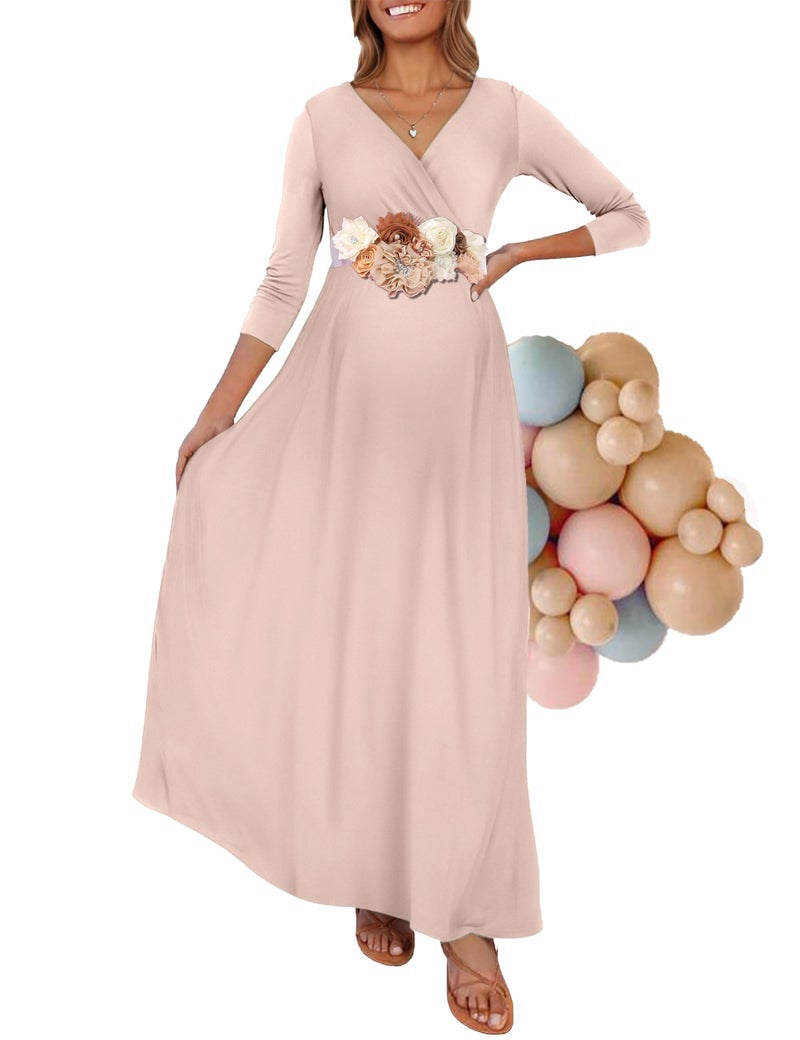 KIM S Khaki Maternity Dress Long Sleeve Photoshoot Boho Fall Pregnancy Clothes Christmas Winter Postpartum Maxi 2025 (Beige XL) - Image 1