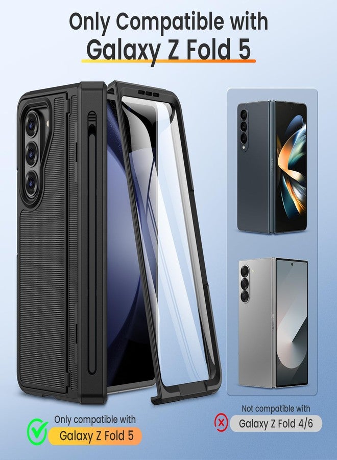 VEGO for Z Fold 5 Case with S Pen Holder, [Hinge Protection] [Screen Protector][Invisible Kickstand] Support Wireless Charging Full-Body Drop Protection Anti-Slip Hard Phone Case for Fold5- Black - Image 2