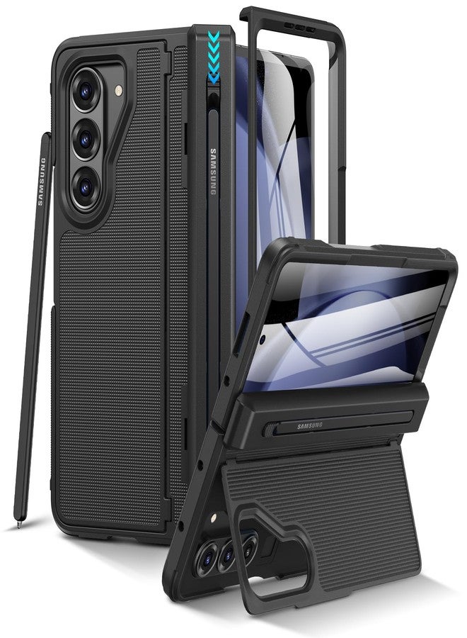VEGO for Z Fold 5 Case with S Pen Holder, [Hinge Protection] [Screen Protector][Invisible Kickstand] Support Wireless Charging Full-Body Drop Protection Anti-Slip Hard Phone Case for Fold5- Black - Image 1