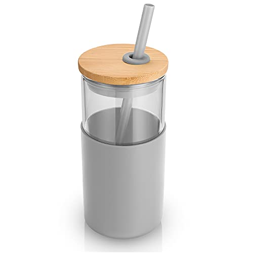 Tronco 16 oz Glass Tumbler with Straw and Bamboo Lid Iced Coffee Cup Reusable Smoothie Cups Tumbler with Silicone Protective Sleeve  BPA Free