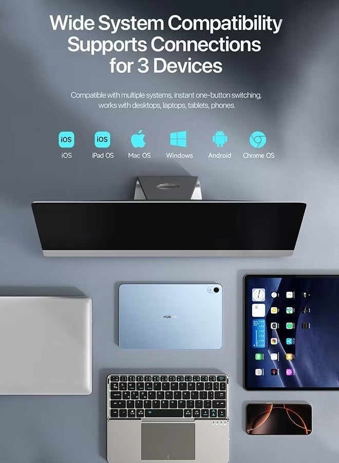 ليسو لوحة مفاتيح بلوتوث قابلة للطي مع لوحة لمس ووقوف مناسبة لـ iPad / iPhone / MacBook ، 3 أجهزة رقيقة جداً من الجلد PU غطاء مغناطيسي لوحة مفاتيح قابلة لإعادة الشحن محمولة مناسبة لـ macOS و iOS - Image 5
