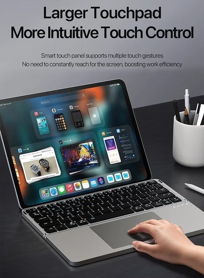 ليسو لوحة مفاتيح بلوتوث قابلة للطي مع لوحة لمس ووقوف مناسبة لـ iPad / iPhone / MacBook ، 3 أجهزة رقيقة جداً من الجلد PU غطاء مغناطيسي لوحة مفاتيح قابلة لإعادة الشحن محمولة مناسبة لـ macOS و iOS - Image 4