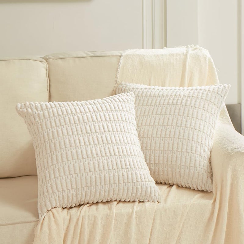 Fancy Homi 2 Packs Cream Samll Decorative Throw Pillow Covers 14x14 Inch for Living Room Couch Bed Sofa Rustic Farmhouse Boho Home Decor Soft Striped Corduroy Rectangle Cushion Case 35x35 cm - Image 2