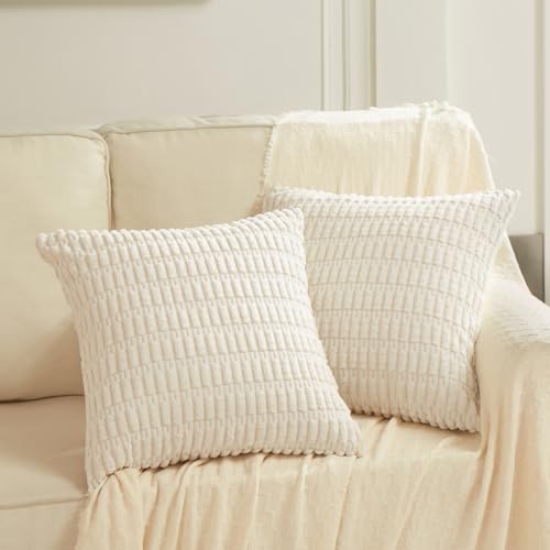 Fancy Homi 2 Packs Cream Samll Decorative Throw Pillow Covers 14x14 Inch for Living Room Couch Bed Sofa Rustic Farmhouse Boho Home Decor Soft Striped Corduroy Rectangle Cushion Case 35x35 cm - Image 1