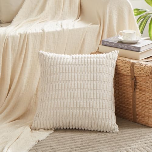 Fancy Homi 2 Packs Cream Samll Decorative Throw Pillow Covers 14x14 Inch for Living Room Couch Bed Sofa Rustic Farmhouse Boho Home Decor Soft Striped Corduroy Rectangle Cushion Case 35x35 cm - Image 3