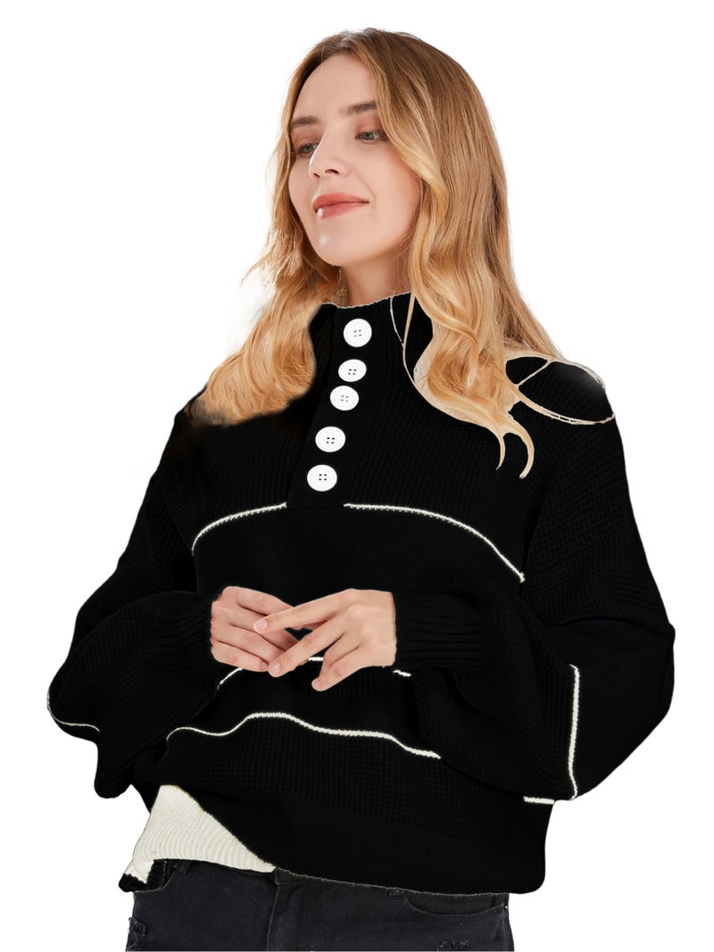 CHARTOU Women's Waffle Knit Knitwear Slouchy Striped Polo Collared Long Sleeve Pullover Sweater Tops (Large, Black) - Image 4