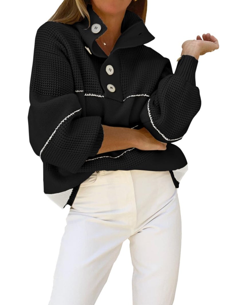 CHARTOU Women's Waffle Knit Knitwear Slouchy Striped Polo Collared Long Sleeve Pullover Sweater Tops (Large, Black) - Image 1